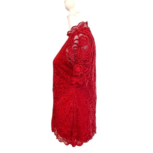 Isaac Mizrahi Live Red Mock Neck Lace Top Small - Picture 4 of 9